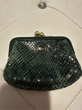 Coach Dark Green Snake-Texture Kiss-Lock Coin Purse